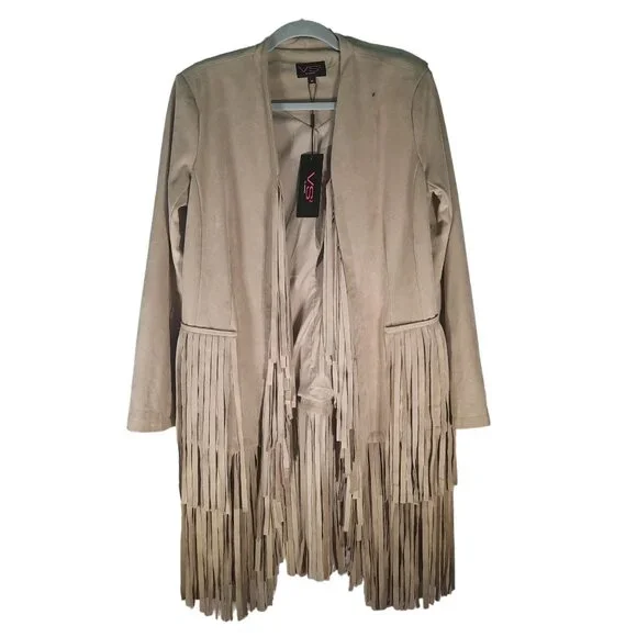 VS2 By Vakko Faux Suede Fringe Open Jacket - Picture 1 of 12